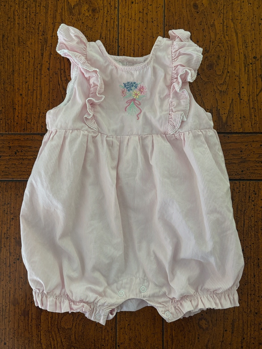 Baby Girl Pink & White Striped Ruffle Floral Romper- 9 months